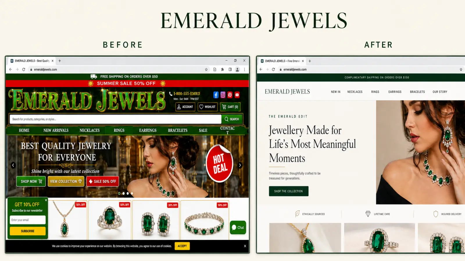 Emerald Jewels ecommerce redesign concept preview