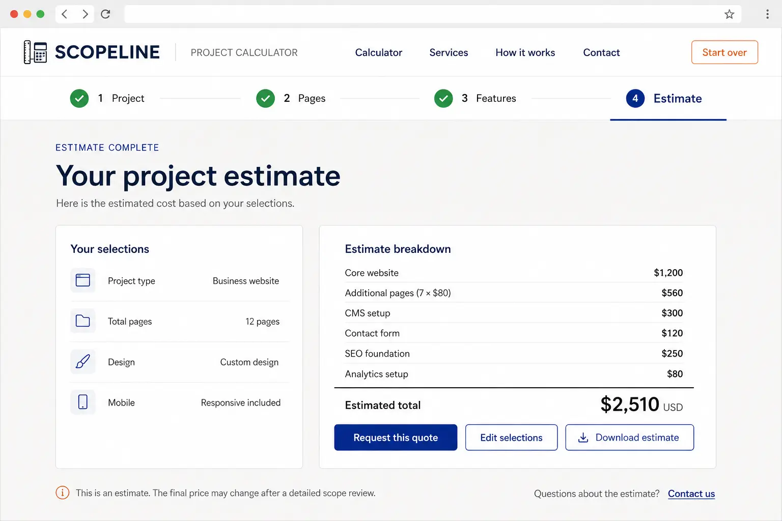 RSS World website price calculator preview
